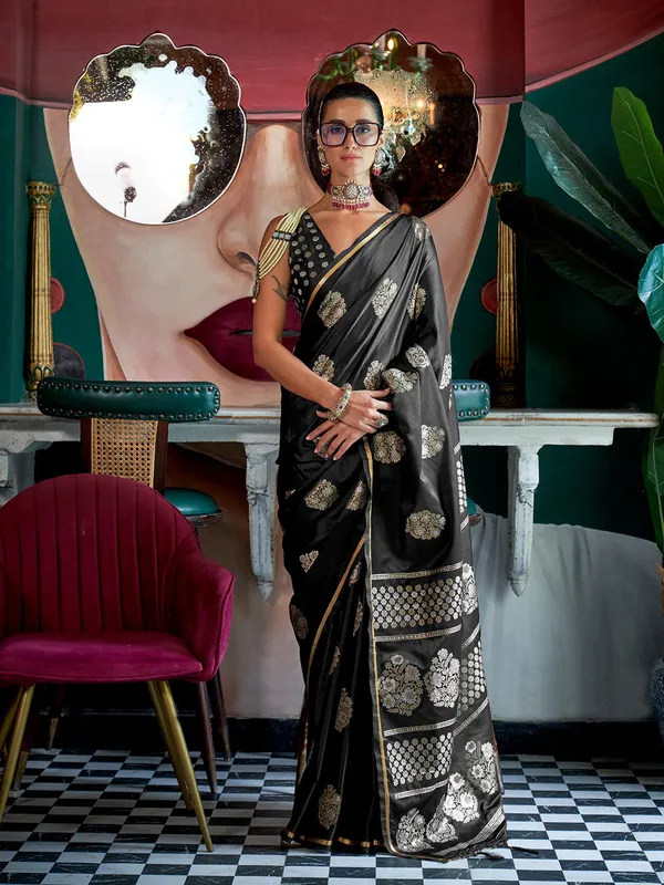 Black_Premium_Satin_Silk_With_Blouse_Piece_For_Women_&_Girls