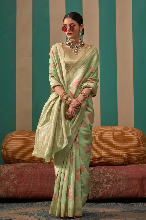 Light_Green_Premium_Linen_Saree_With_Blouse_Piece_For_Women_&_Girls