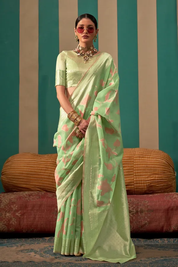Light_Green_Premium_Linen_Saree_With_Blouse_Piece_For_Women_&_Girls