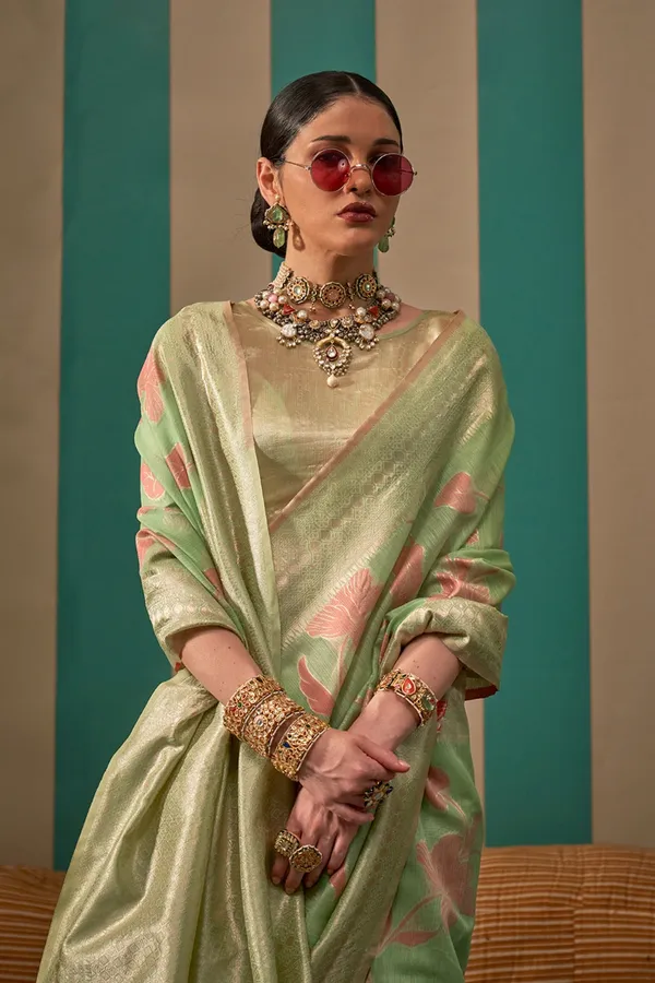 Light_Green_Premium_Linen_Saree_With_Blouse_Piece_For_Women_&_Girls