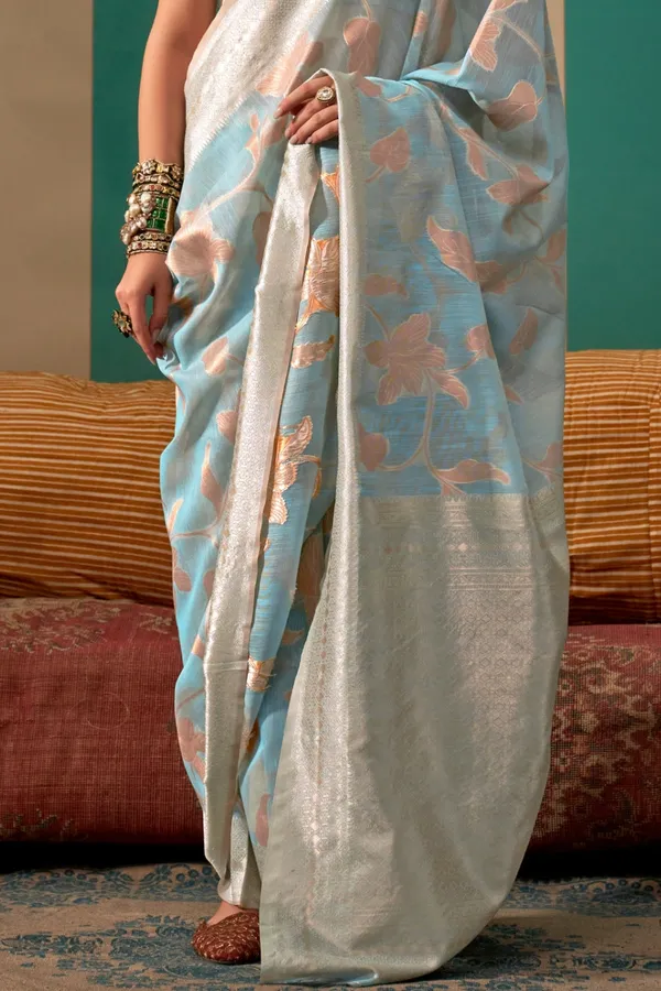Sky_Blue_Premium_Linen_Saree_With_Blouse_Piece_For_Women_&_Girls