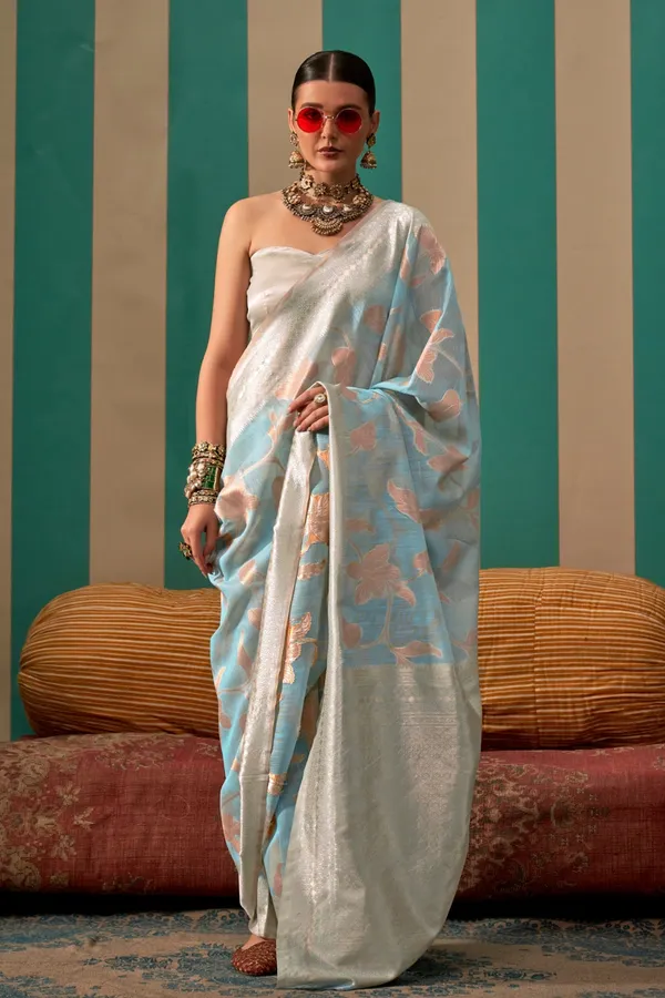 Sky_Blue_Premium_Linen_Saree_With_Blouse_Piece_For_Women_&_Girls