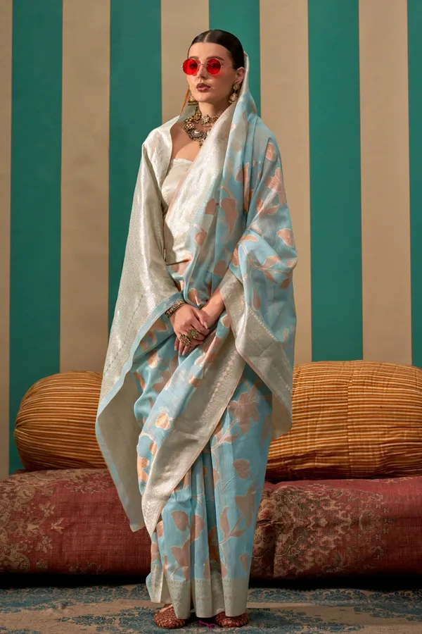 Sky_Blue_Premium_Linen_Saree_With_Blouse_Piece_For_Women_&_Girls