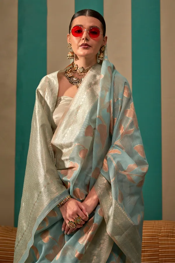 Sky_Blue_Premium_Linen_Saree_With_Blouse_Piece_For_Women_&_Girls