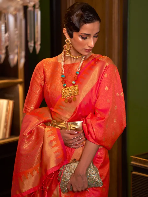 Dark_Orange_Premium_Silk_With_Blouse_Piece_For_Women_&_Girls