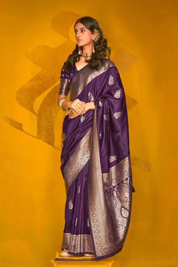 Purple_Premium_Handloom_Weaving_Silk_With_Blouse_Piece_For_Women_&_Girls