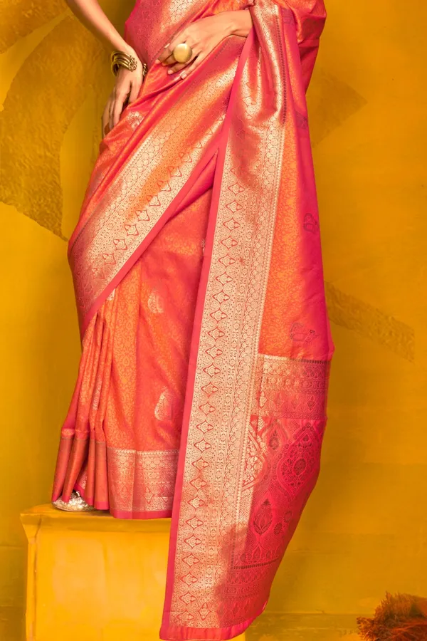 Orange_Premium_Handloom_Weaving_Silk_With_Blouse_Piece_For_Women_&_Girls