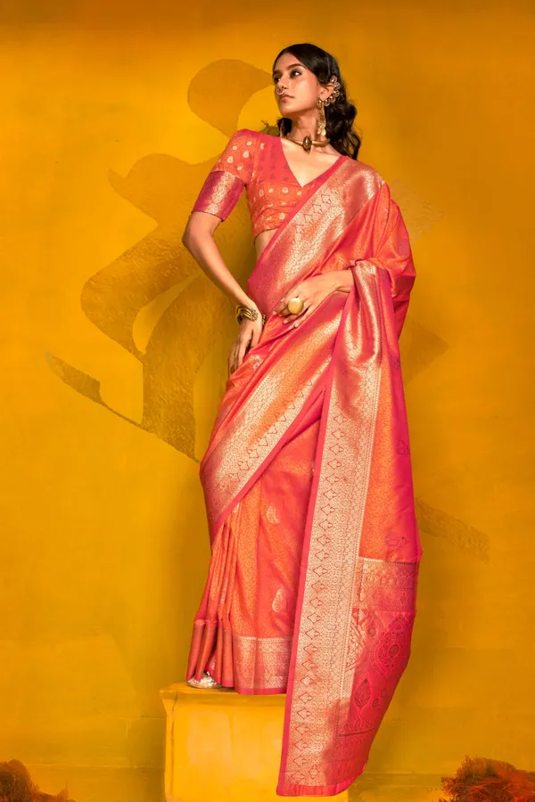 Orange_Premium_Handloom_Weaving_Silk_With_Blouse_Piece_For_Women_&_Girls