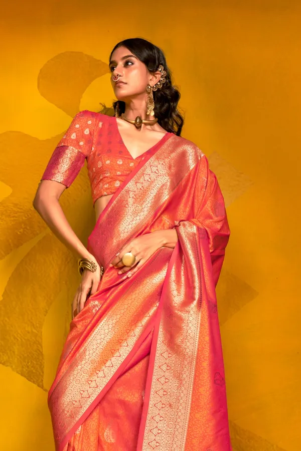 Orange_Premium_Handloom_Weaving_Silk_With_Blouse_Piece_For_Women_&_Girls