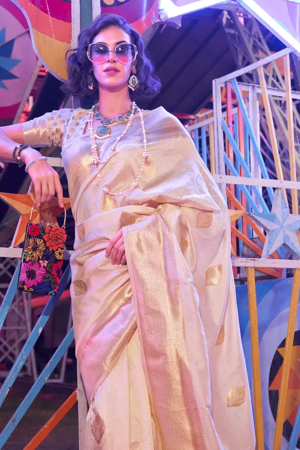 Cream_Premium_Banarasi_Art_Silk_With_Blouse_Piece_For_Women_&_Girls