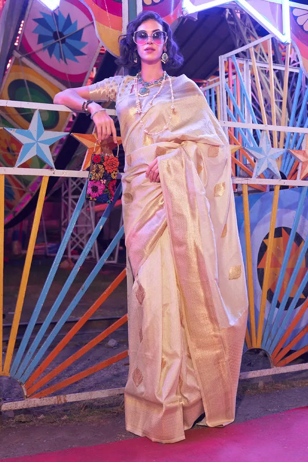 Cream_Premium_Banarasi_Art_Silk_With_Blouse_Piece_For_Women_&_Girls