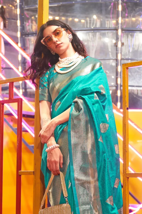 Teal_Blue_Premium_Banarasi_Art_Silk_With_Blouse_Piece_For_Women_&_Girls