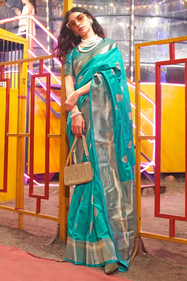 Teal_Blue_Premium_Banarasi_Art_Silk_With_Blouse_Piece_For_Women_&_Girls