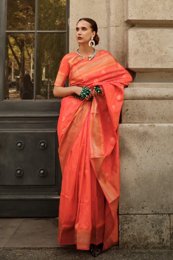 Orange_Premium_Soft_Silk_With_Blouse_Piece_For_Women_&_Girls
