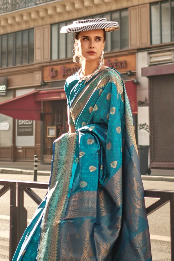 Teal_Premium_Soft_Silk_With_Blouse_Piece_For_Women_&_Girls