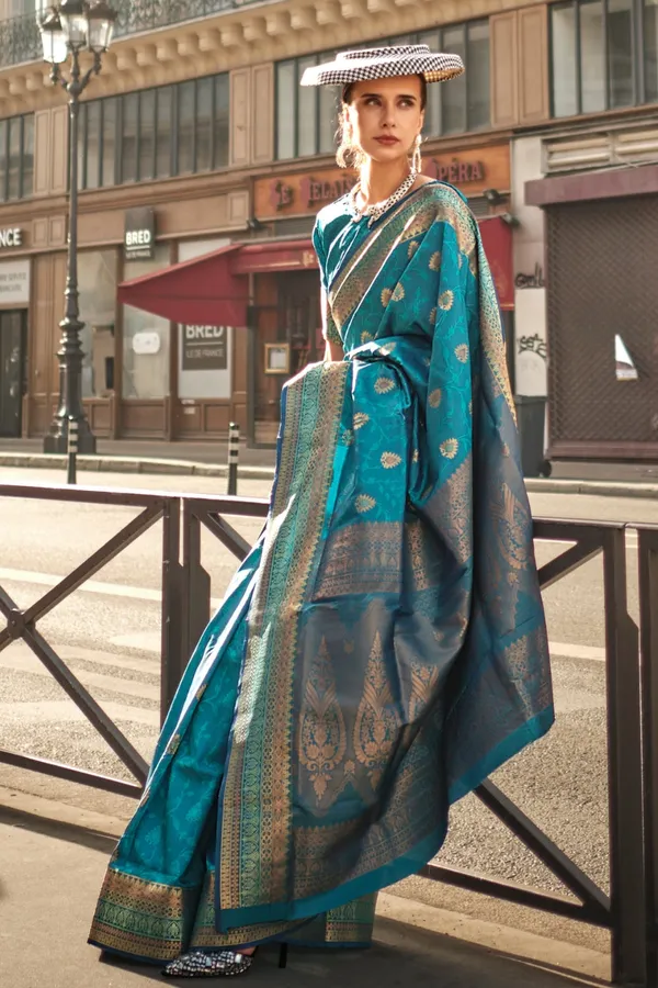 Teal_Premium_Soft_Silk_With_Blouse_Piece_For_Women_&_Girls