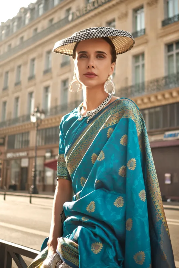 Teal_Premium_Soft_Silk_With_Blouse_Piece_For_Women_&_Girls