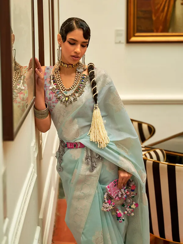 Blue_Premium_Silk_With_Blouse_Piece_For_Women_&_Girls