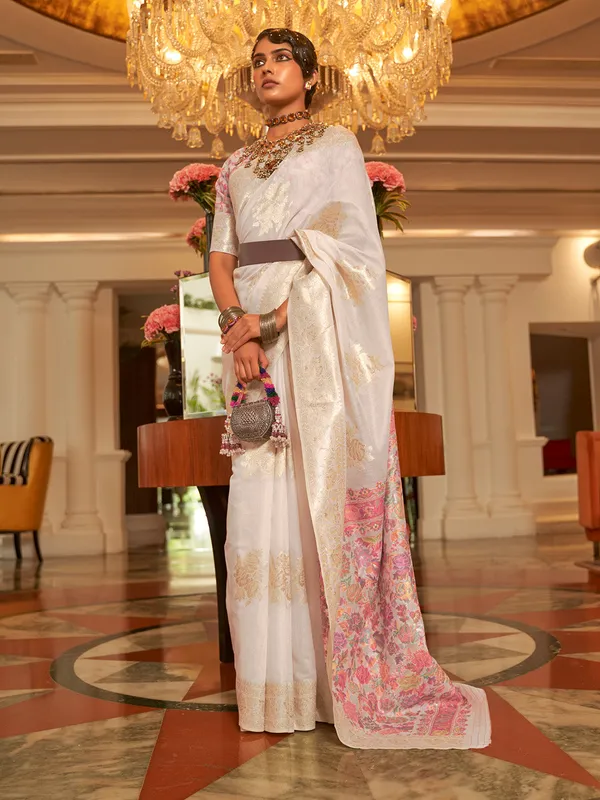 White_Premium_Silk_With_Blouse_Piece_For_Women_&_Girls