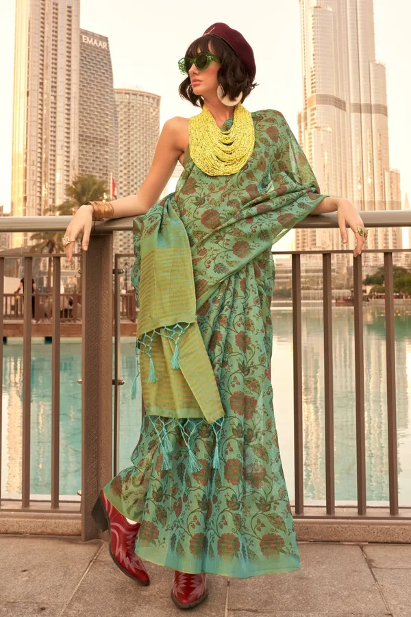 Dark_Green_Premium_Tissue_Saree_With_Blouse_Piece_For_Women_&_Girls