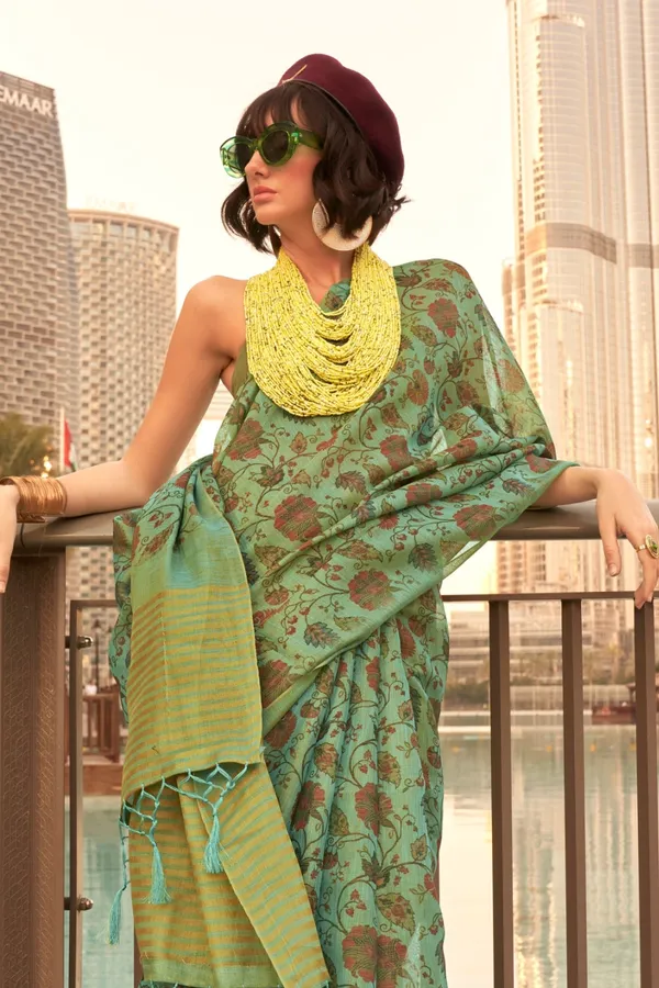 Dark_Green_Premium_Tissue_Saree_With_Blouse_Piece_For_Women_&_Girls