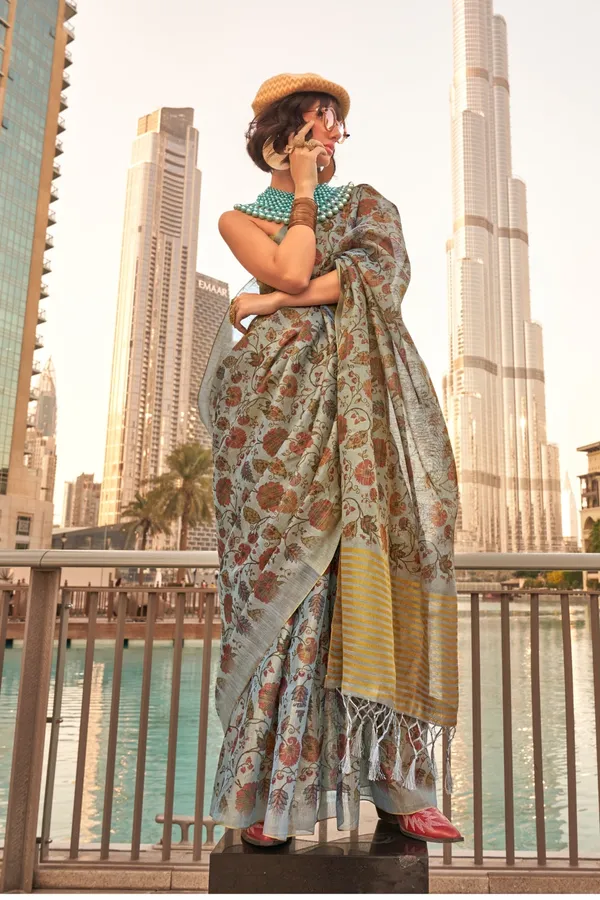 Charcoal_Grey_Premium_Tissue_Saree_With_Blouse_Piece_For_Women_&_Girls