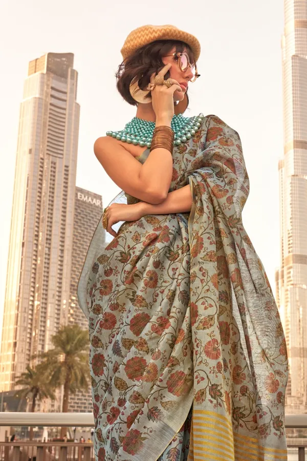 Charcoal_Grey_Premium_Tissue_Saree_With_Blouse_Piece_For_Women_&_Girls