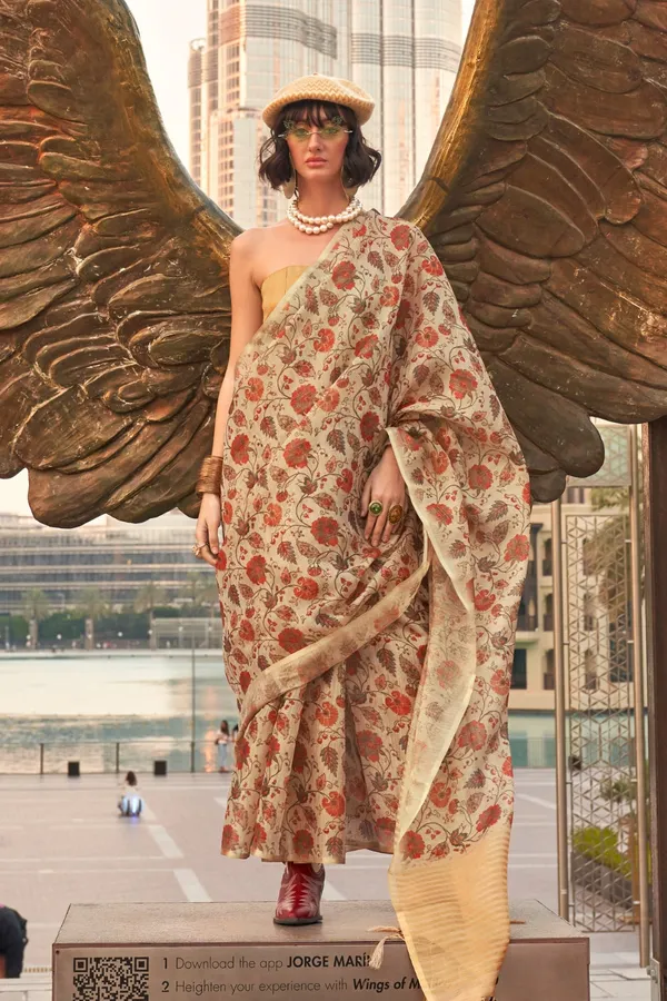 Cream_White_Premium_Tissue_Saree_With_Blouse_Piece_For_Women_&_Girls