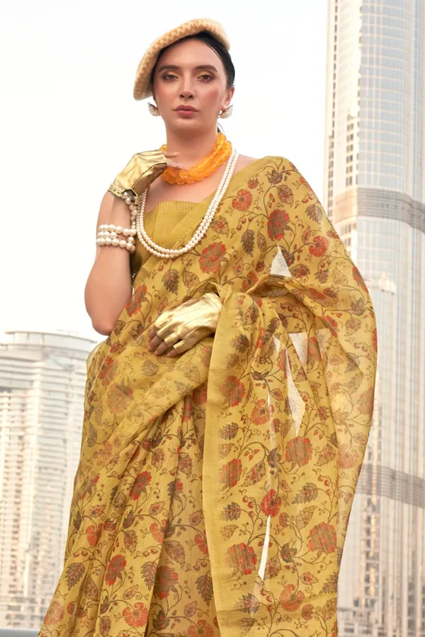 Mango_Yellow_Premium_Tissue_Saree_With_Blouse_Piece_For_Women_&_Girls