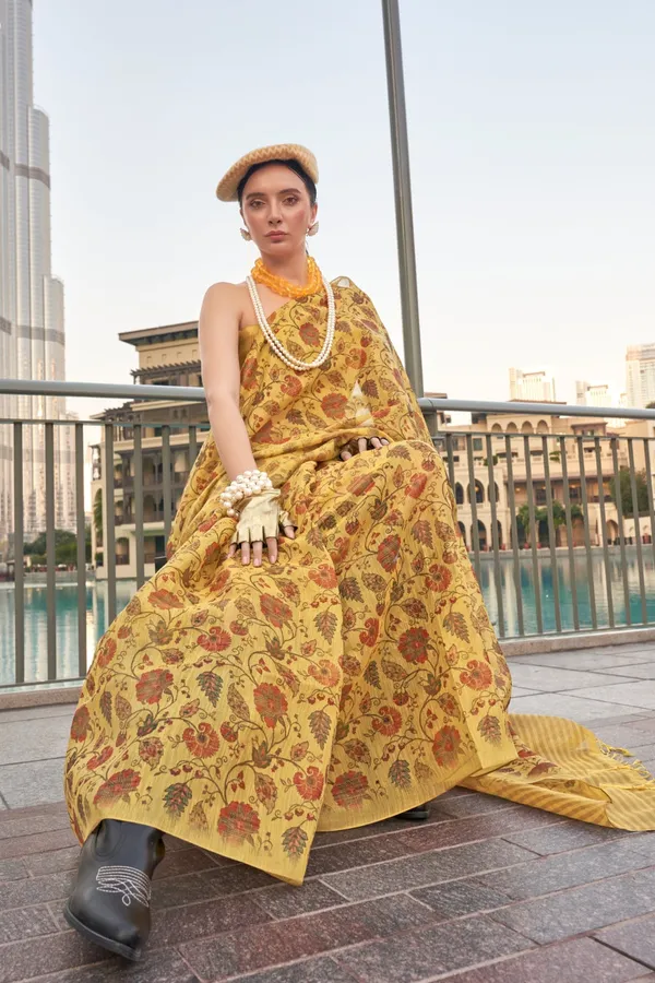 Mango_Yellow_Premium_Tissue_Saree_With_Blouse_Piece_For_Women_&_Girls