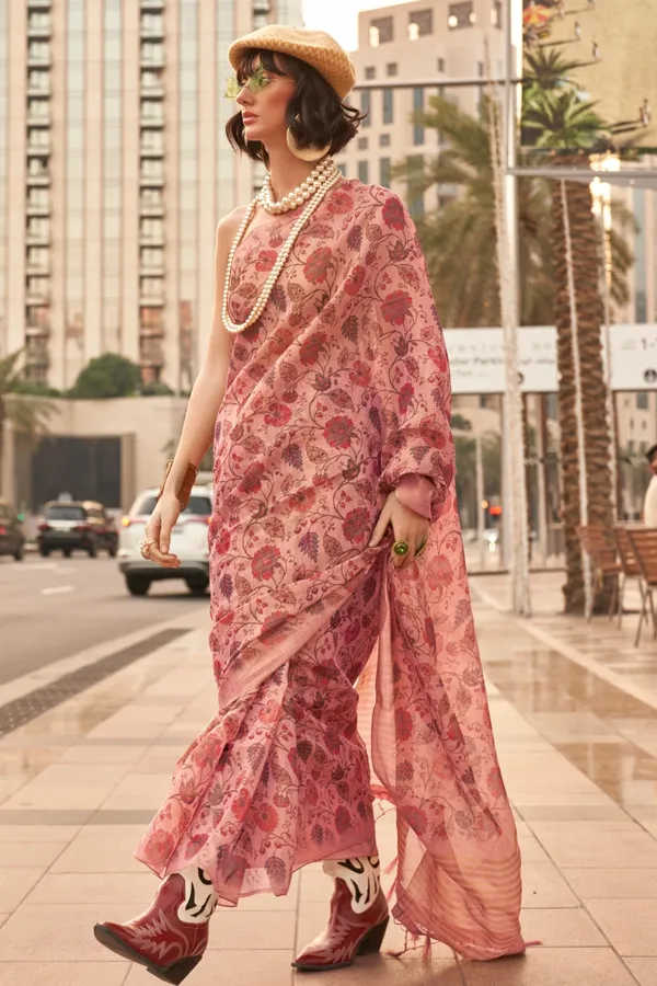 Peach_Pink_Premium_Tissue_Saree_With_Blouse_Piece_For_Women_&_Girls