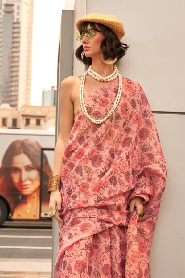 Peach_Pink_Premium_Tissue_Saree_With_Blouse_Piece_For_Women_&_Girls
