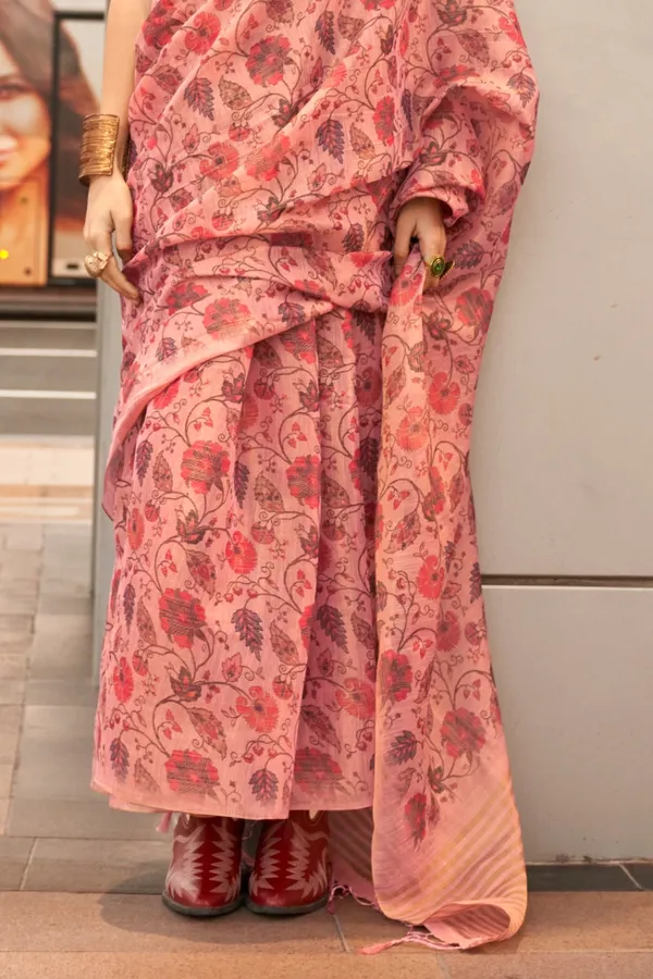 Peach_Pink_Premium_Tissue_Saree_With_Blouse_Piece_For_Women_&_Girls