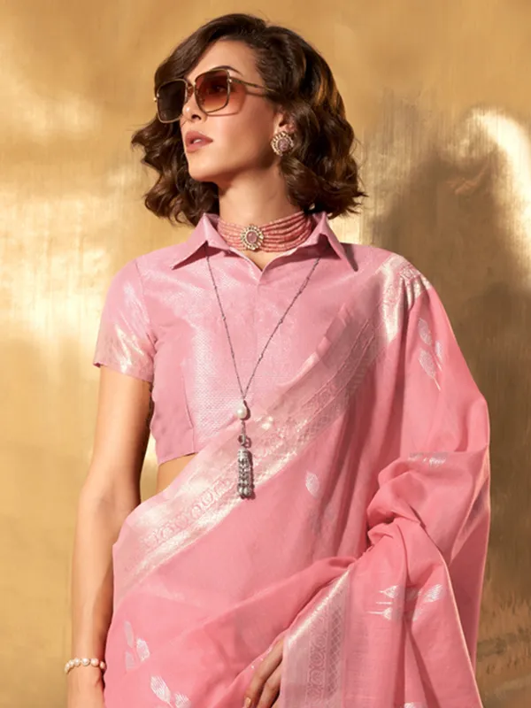 Pink_Premium_Linen_Saree_With_Blouse_Piece_For_Women_&_Girls