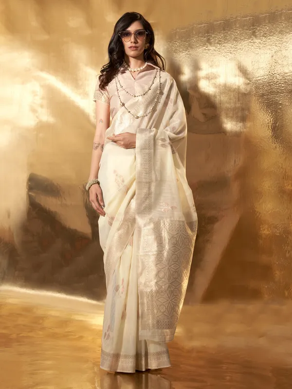 Cream_Premium_Linen_Saree_With_Blouse_Piece_For_Women_&_Girls