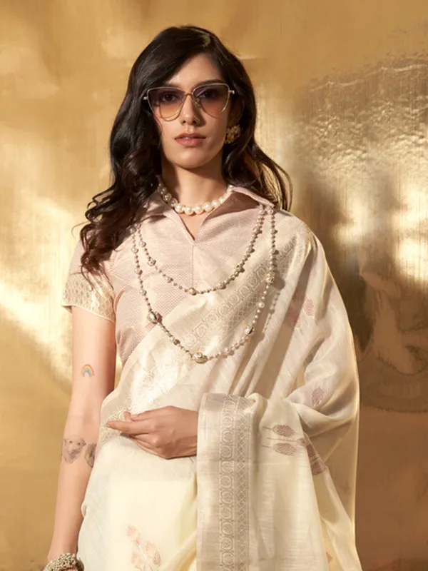 Cream_Premium_Linen_Saree_With_Blouse_Piece_For_Women_&_Girls