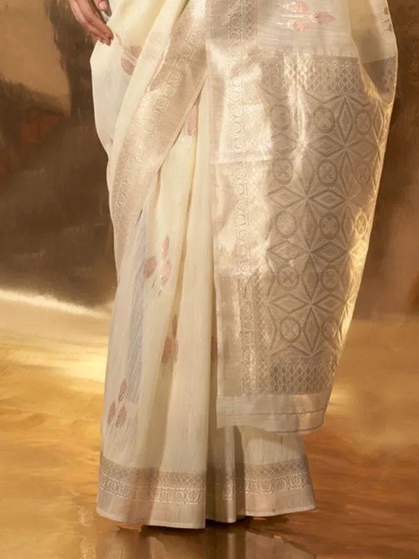 Cream_Premium_Linen_Saree_With_Blouse_Piece_For_Women_&_Girls
