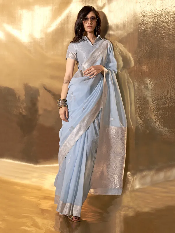 Sky_Blue_Premium_Linen_Saree_With_Blouse_Piece_For_Women_&_Girls