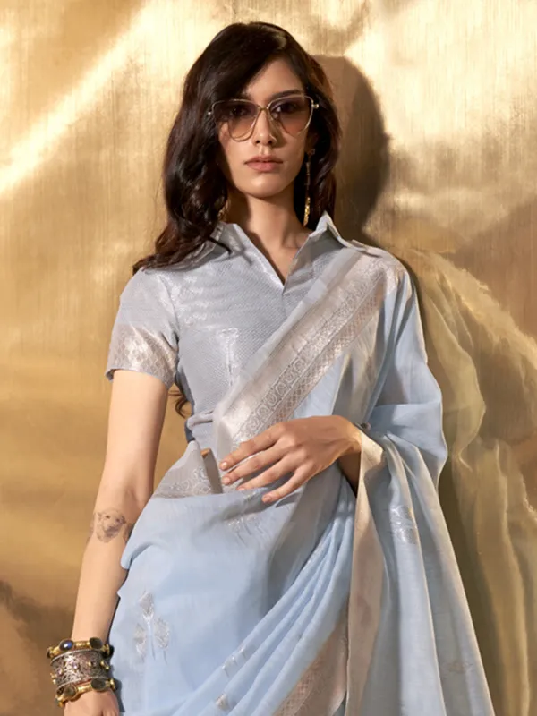 Sky_Blue_Premium_Linen_Saree_With_Blouse_Piece_For_Women_&_Girls