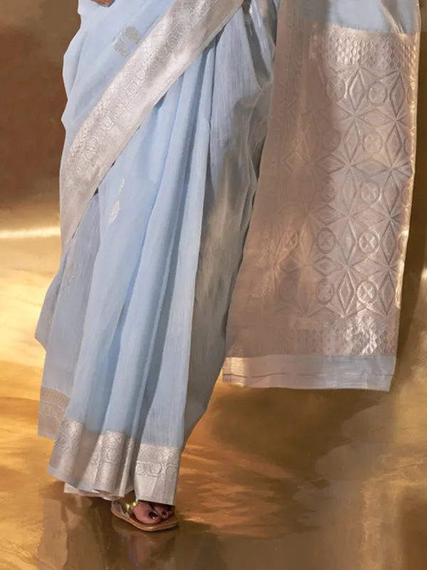 Sky_Blue_Premium_Linen_Saree_With_Blouse_Piece_For_Women_&_Girls
