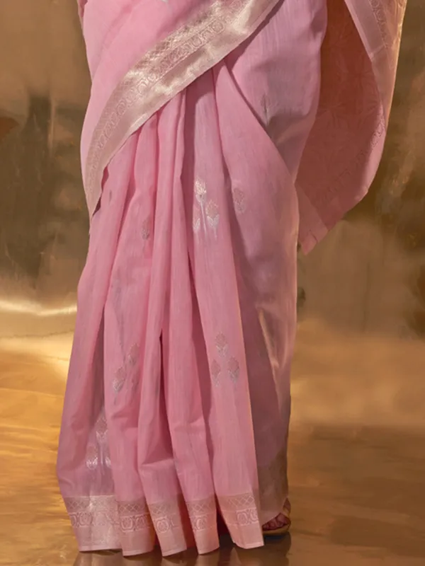 Baby_Pink_Premium_Linen_Saree_With_Blouse_Piece_For_Women_&_Girls