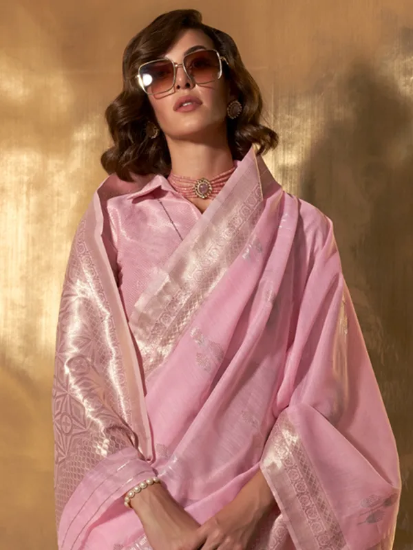 Baby_Pink_Premium_Linen_Saree_With_Blouse_Piece_For_Women_&_Girls