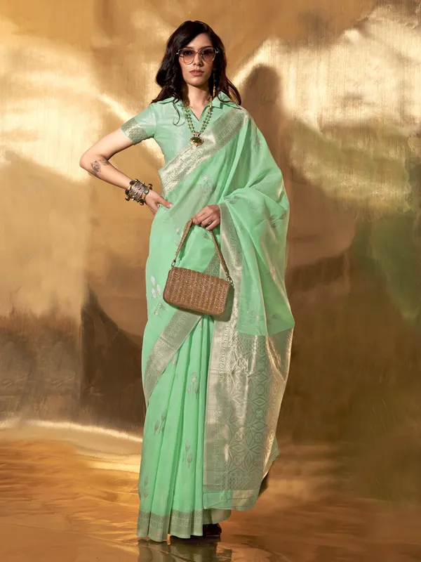 Mint_Green_Premium_Linen_Saree_With_Blouse_Piece_For_Women_&_Girls
