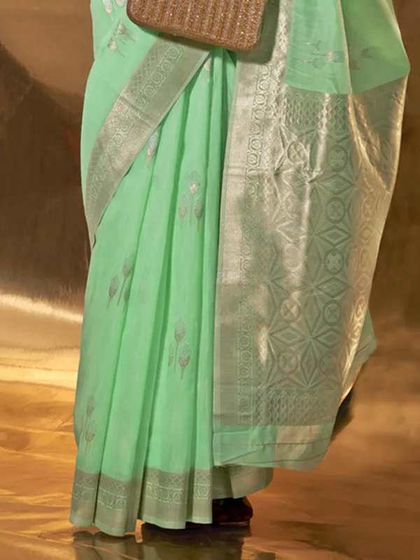 Mint_Green_Premium_Linen_Saree_With_Blouse_Piece_For_Women_&_Girls