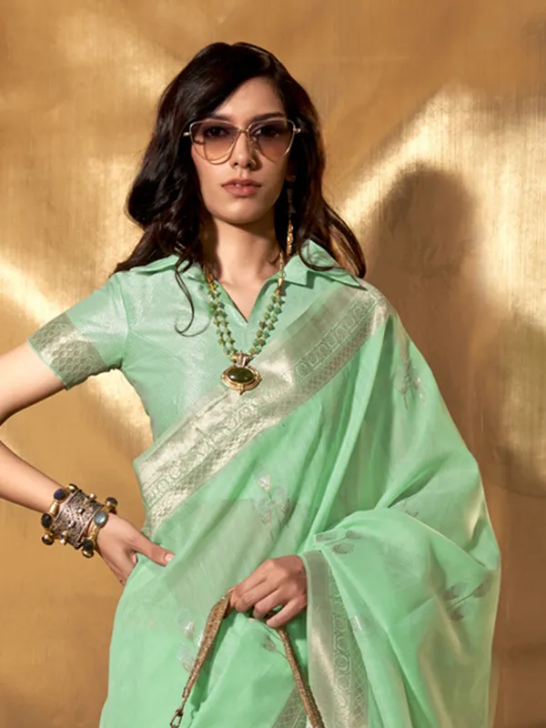 Mint_Green_Premium_Linen_Saree_With_Blouse_Piece_For_Women_&_Girls
