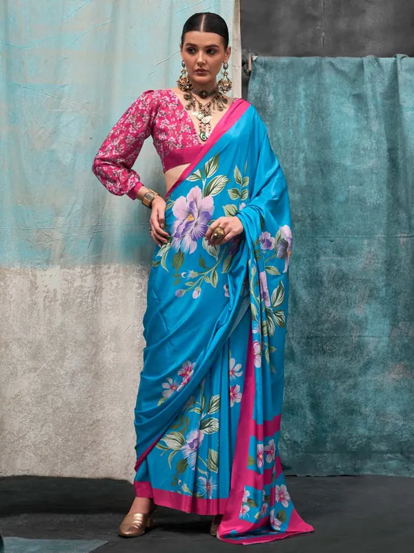 Blue_Premium_Silk_With_Blouse_Piece_For_Women_&_Girls