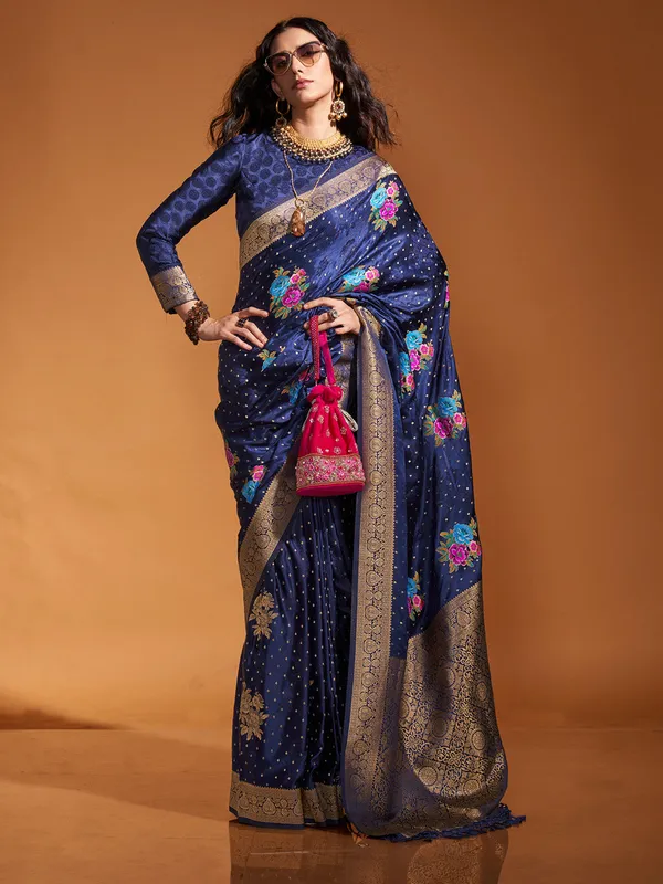Navy_Blue_Premium_Satin_Silk_With_Blouse_Piece_For_Women_&_Girls