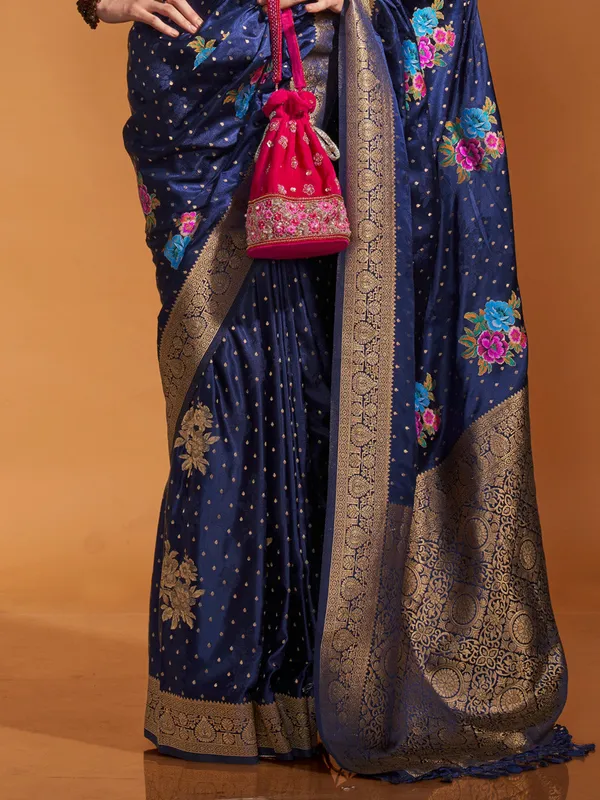 Navy_Blue_Premium_Satin_Silk_With_Blouse_Piece_For_Women_&_Girls