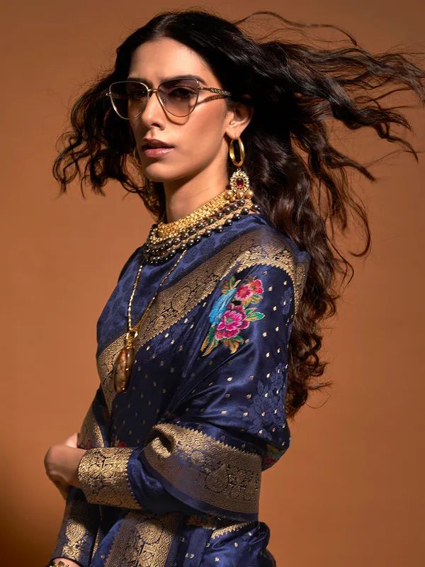 Navy_Blue_Premium_Satin_Silk_With_Blouse_Piece_For_Women_&_Girls