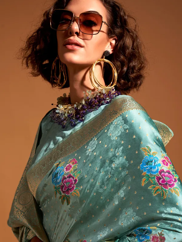 Green_Premium_Satin_Silk_With_Blouse_Piece_For_Women_&_Girls